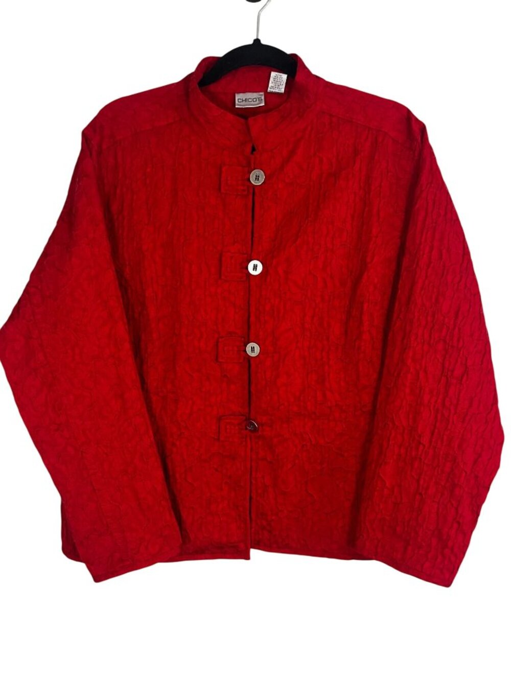 Chicos Textured Jacket Red L Mandarin Festive Holiday Resort Preppy Chic Classic